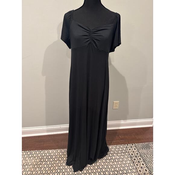 ModCloth Black Maxi Dress Jersey Knit Short Sleeve Peasant Ruched Size L NWT - Picture 1 of 7